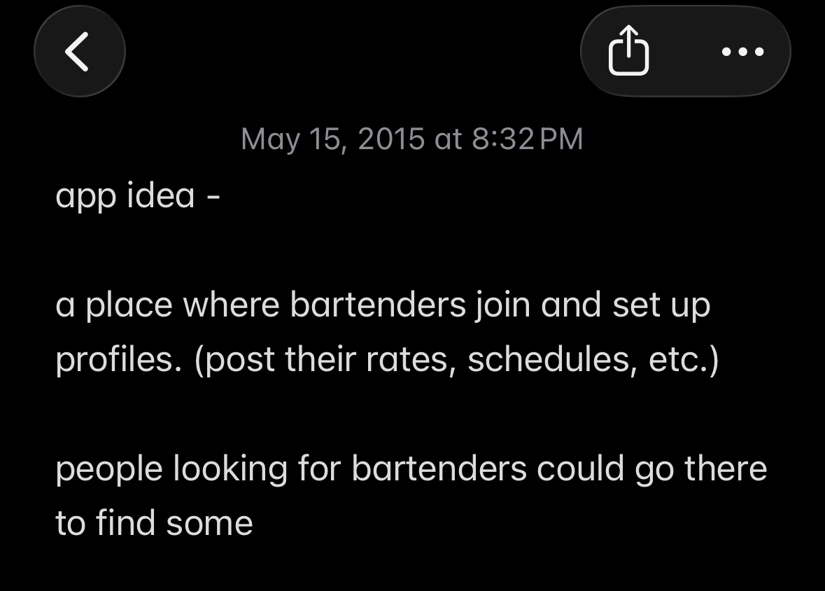 Original iPhone note for a bartender marketplace idea